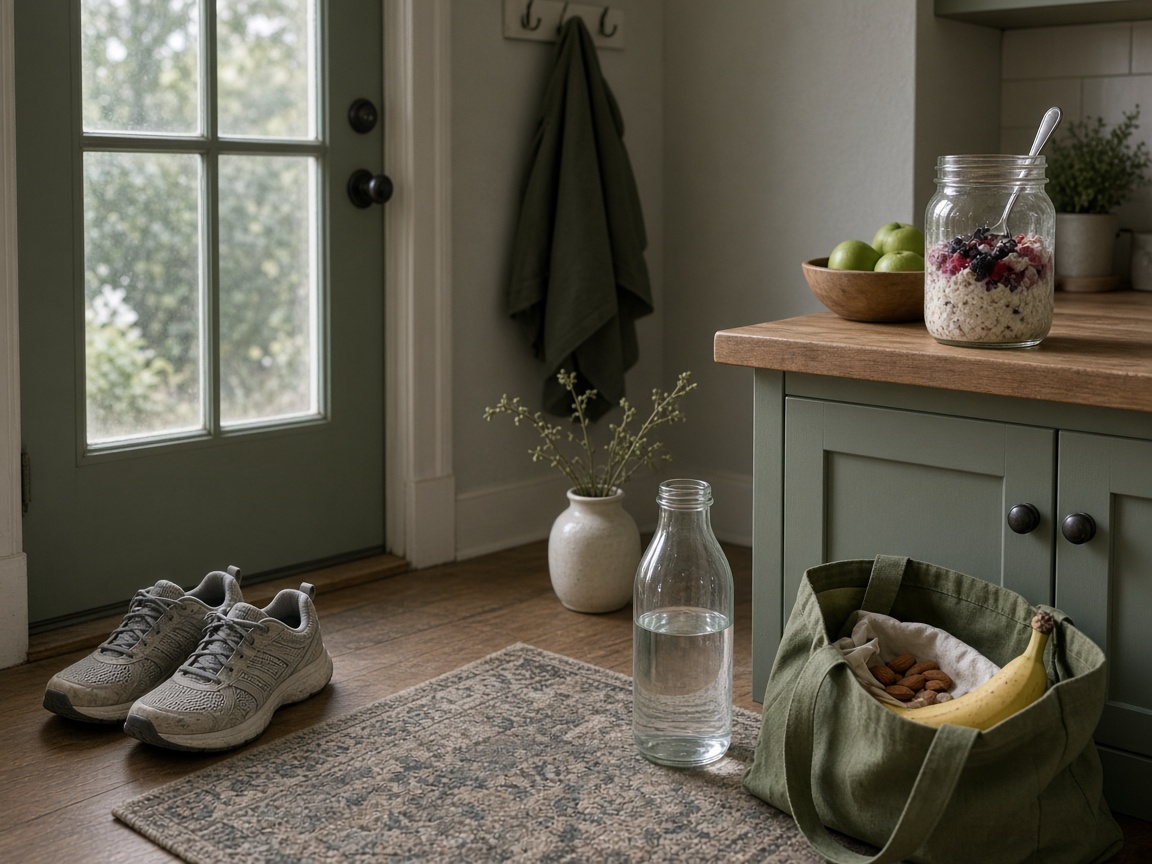 Walking shoes by the door with overnight oats, a water bottle, and a packed banana snack