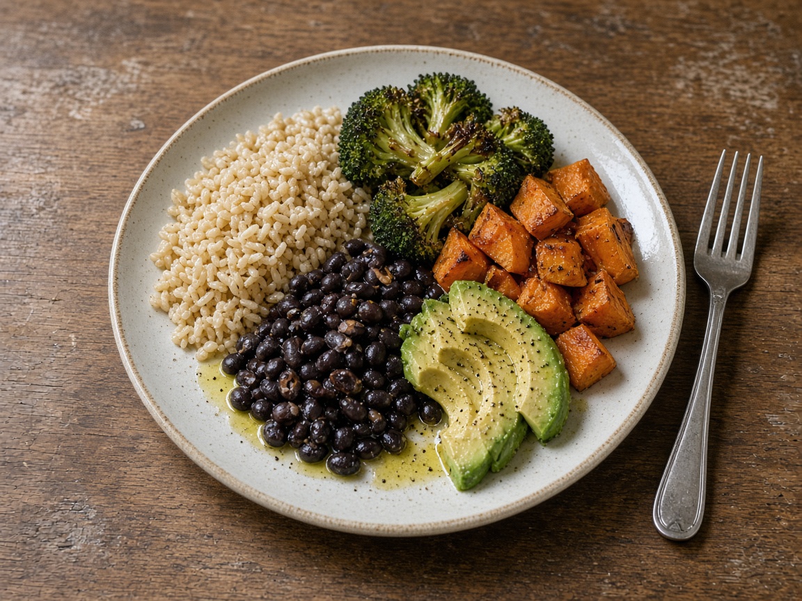A home dinner plate with rice, black beans, roasted broccoli, sweet potato, and avocado