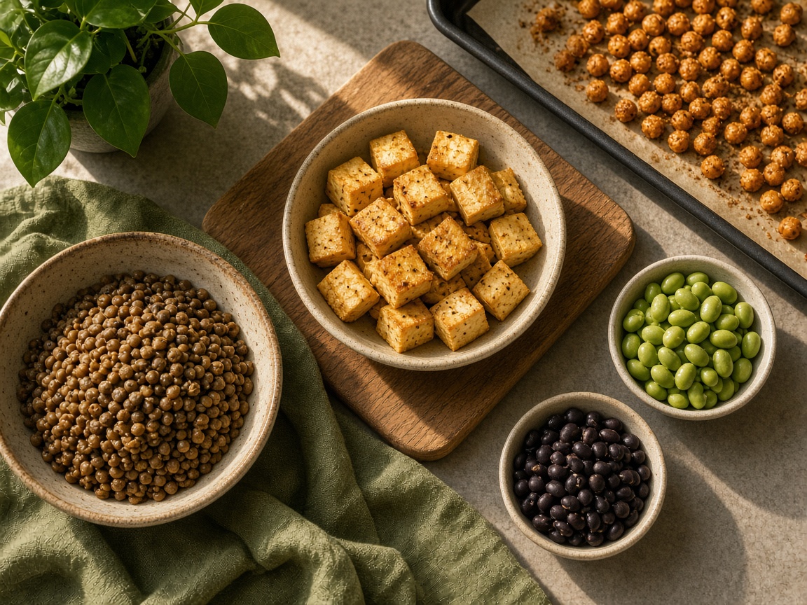 Bowls of lentils, tofu, black beans, edamame, and roasted chickpeas on a kitchen counter
