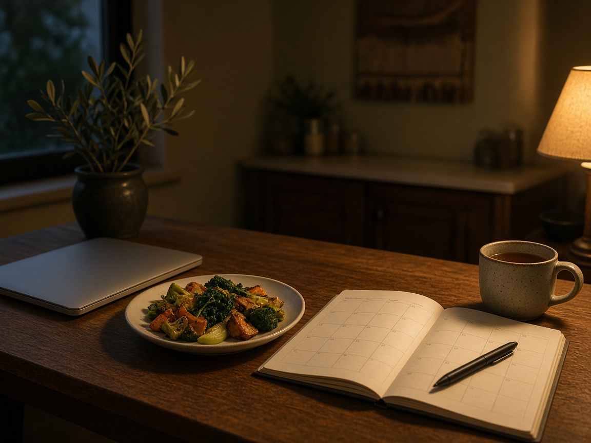 Closed laptop, a simple vegetable dinner, tea, and an open planner on a kitchen table at dusk